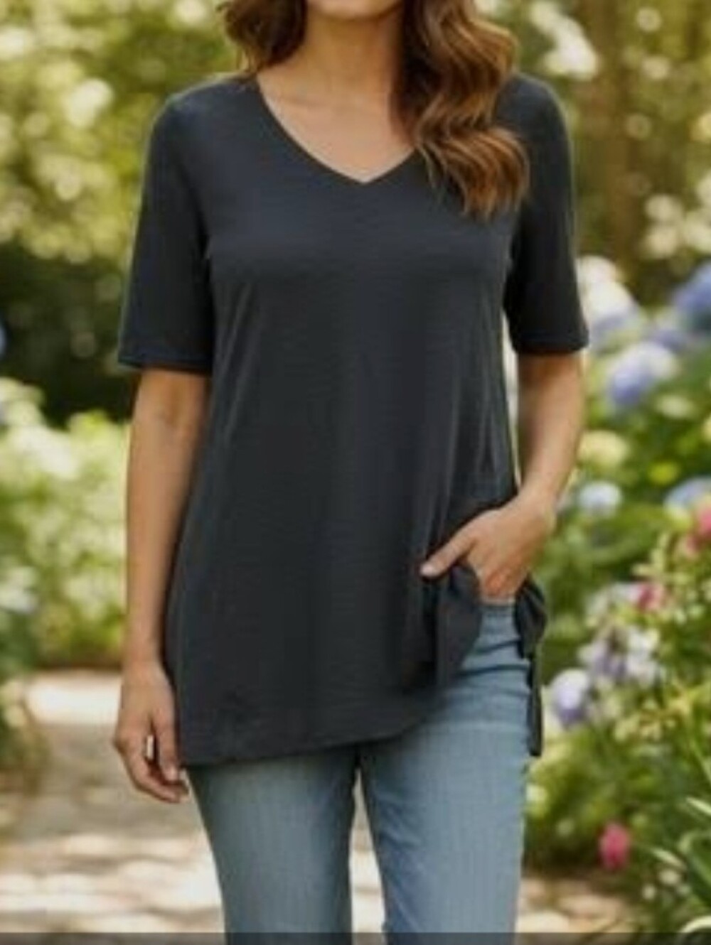NWT J. Jill  Double V-Neck Elbow Sleeve Pima Cotton Tunic Ink Blue SZ M
